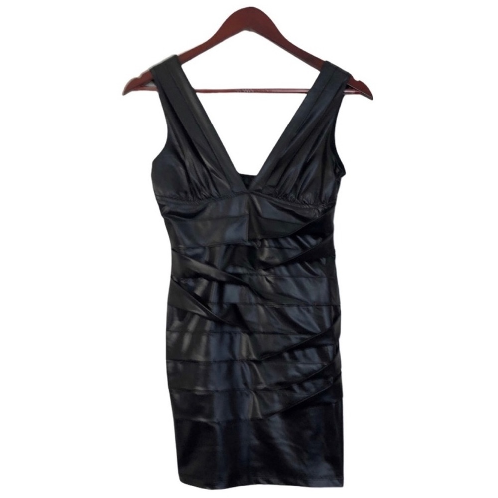 Black Faux Leather Layered Short Sleeve Mini Dress